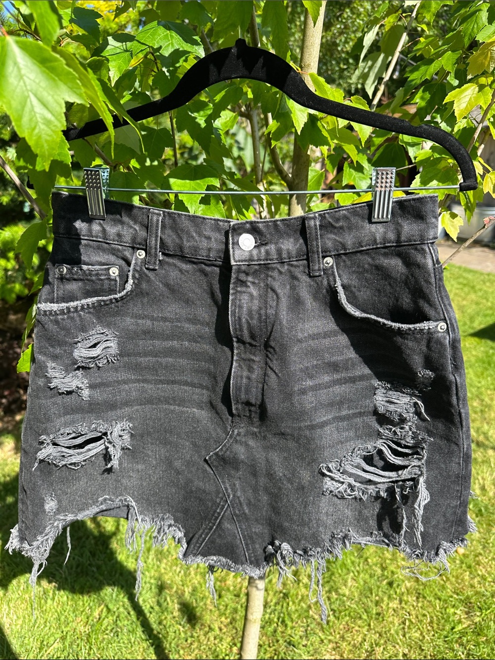 Pilcro Distressed Black Denim Mini Skirt